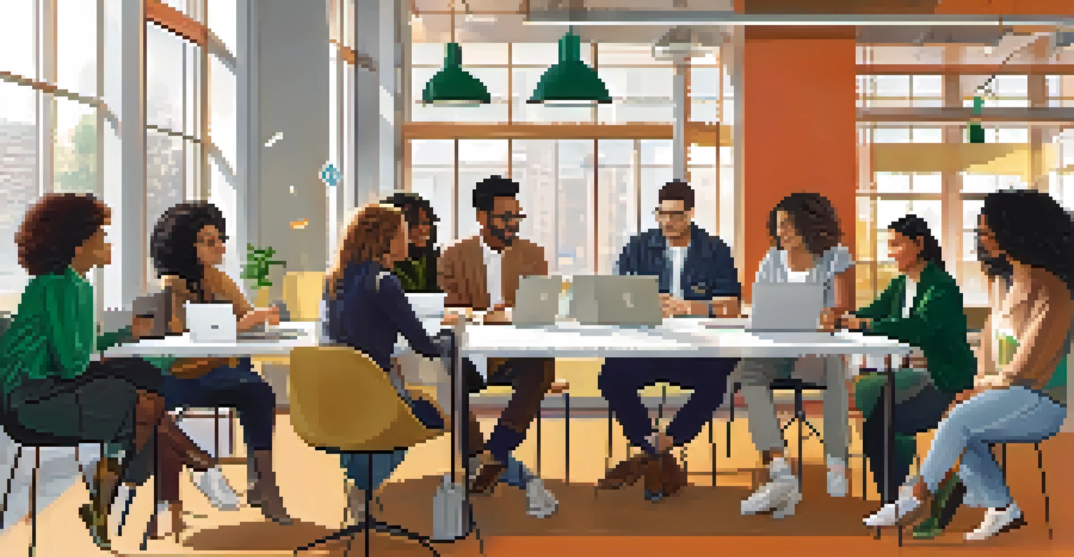 A diverse group of professionals working together in a modern co-working space.