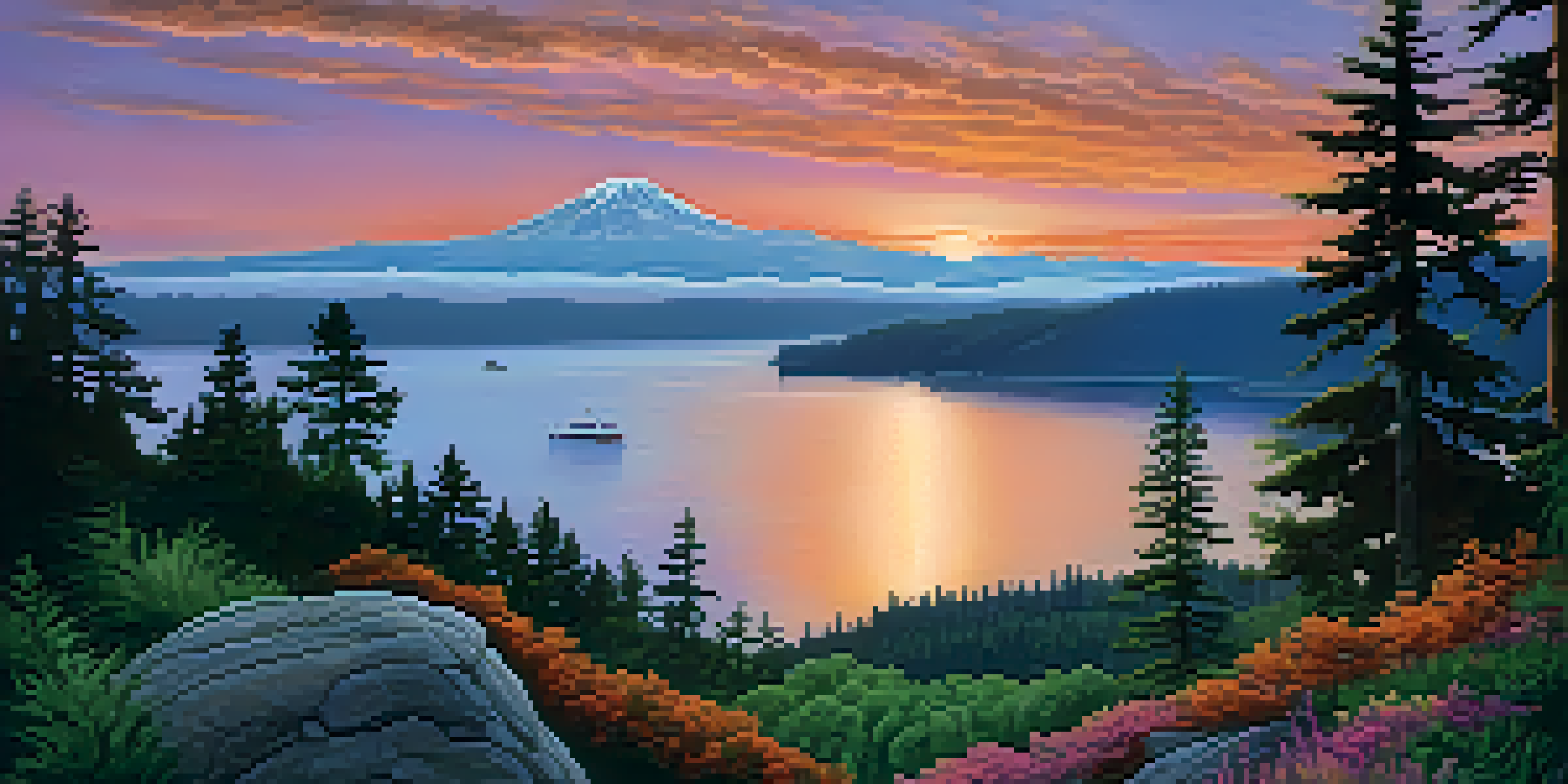 A tranquil sunset view over Puget Sound, with a Native American figure silhouetted against the colorful sky and lush greenery in the foreground.