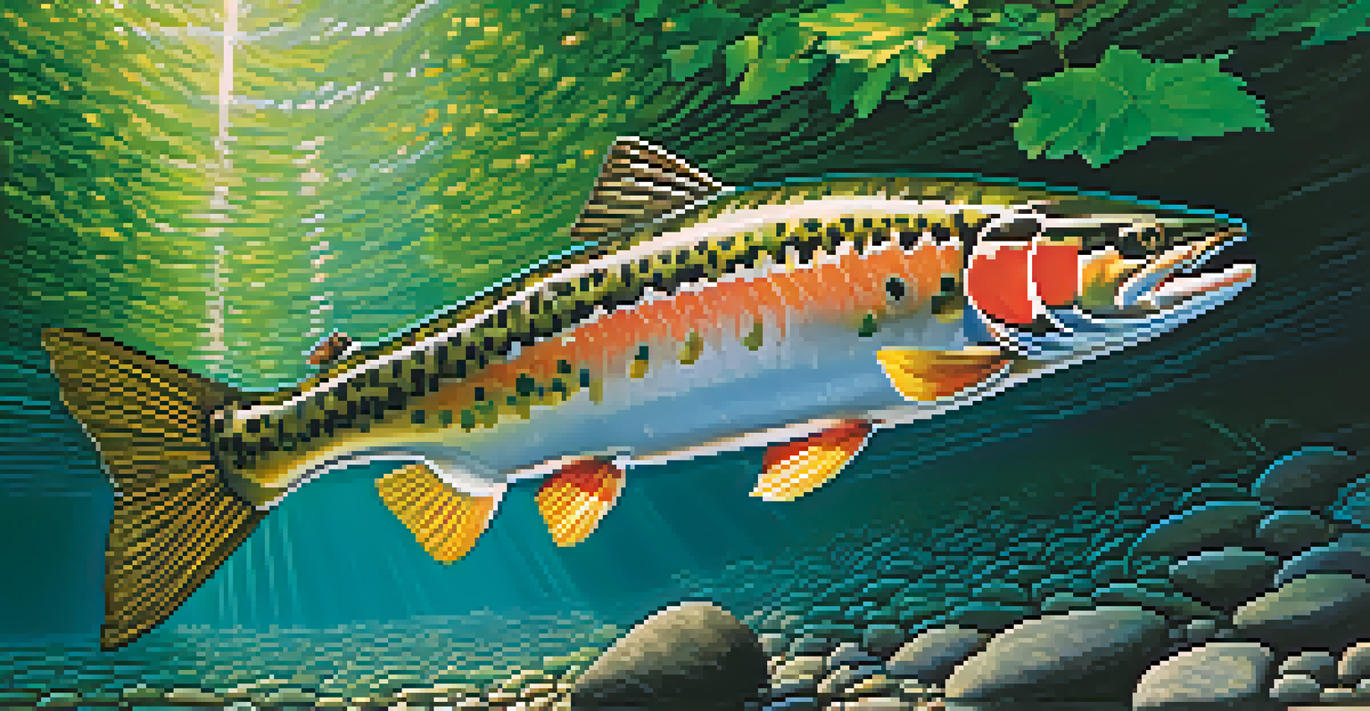 A close-up view of a salmon swimming upstream in a clear river, surrounded by lush green forests and dappled sunlight.