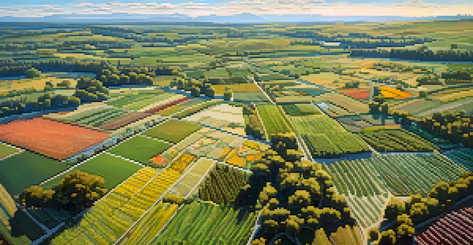 Aerial view of a colorful agricultural landscape in Washington State with various crops, a river, and forests.