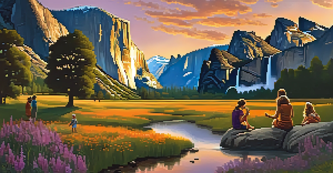 A family enjoying a picnic in Yosemite National Park with granite cliffs and a waterfall under a colorful sunset.
