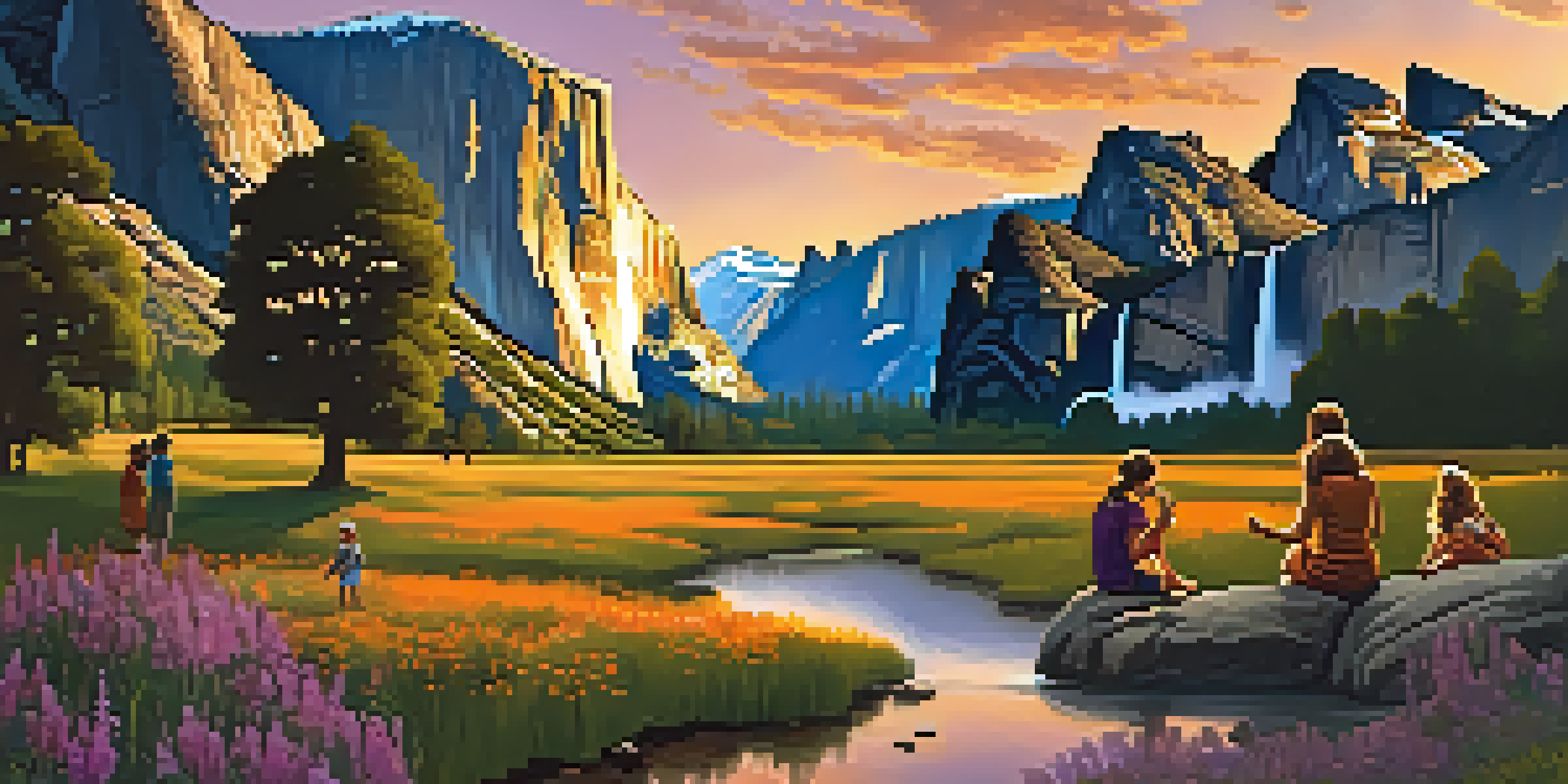 A family enjoying a picnic in Yosemite National Park with granite cliffs and a waterfall under a colorful sunset.