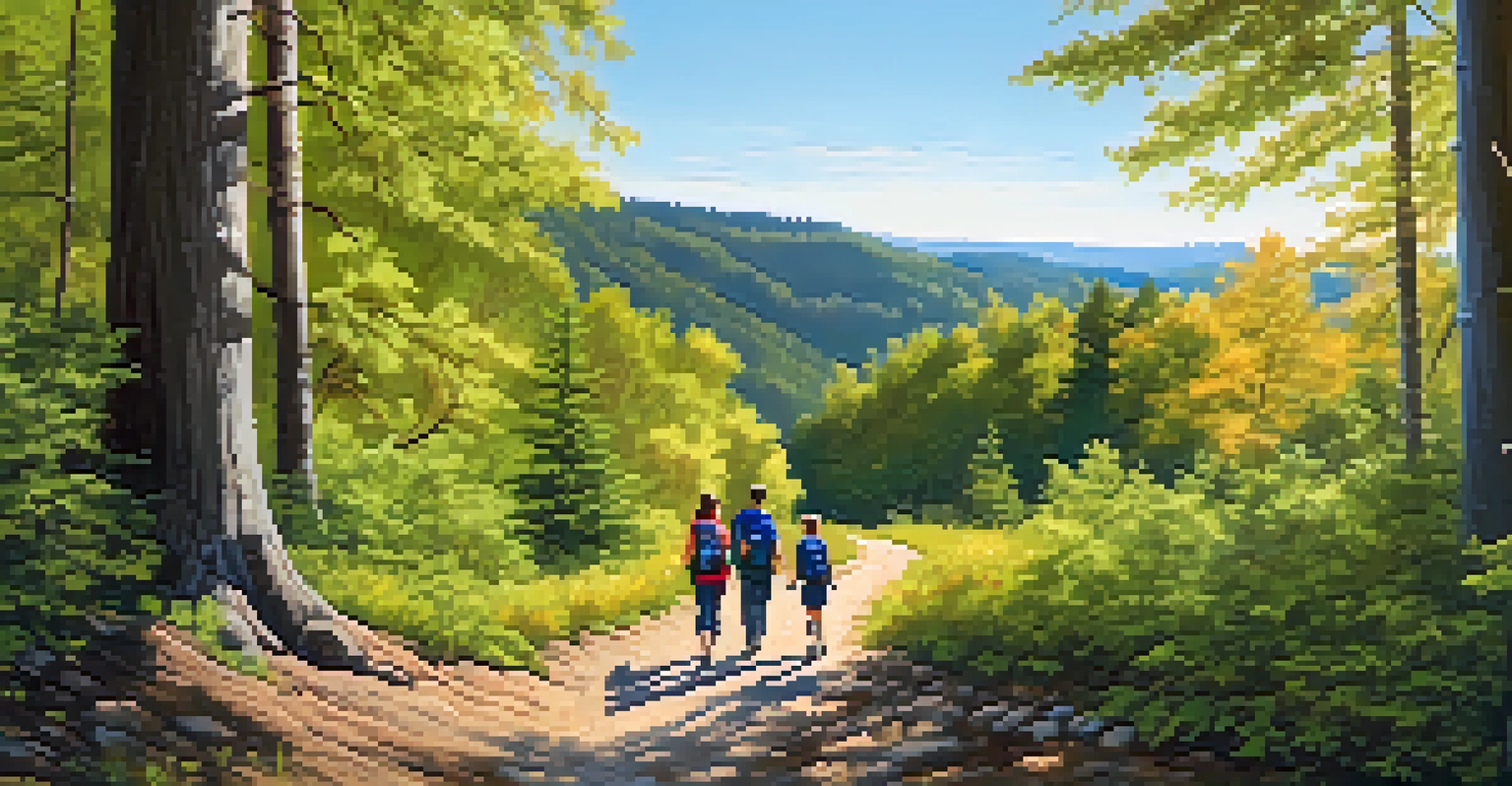 A family hiking on a local trail, enjoying nature with trees and a clear blue sky, children laughing and exploring.