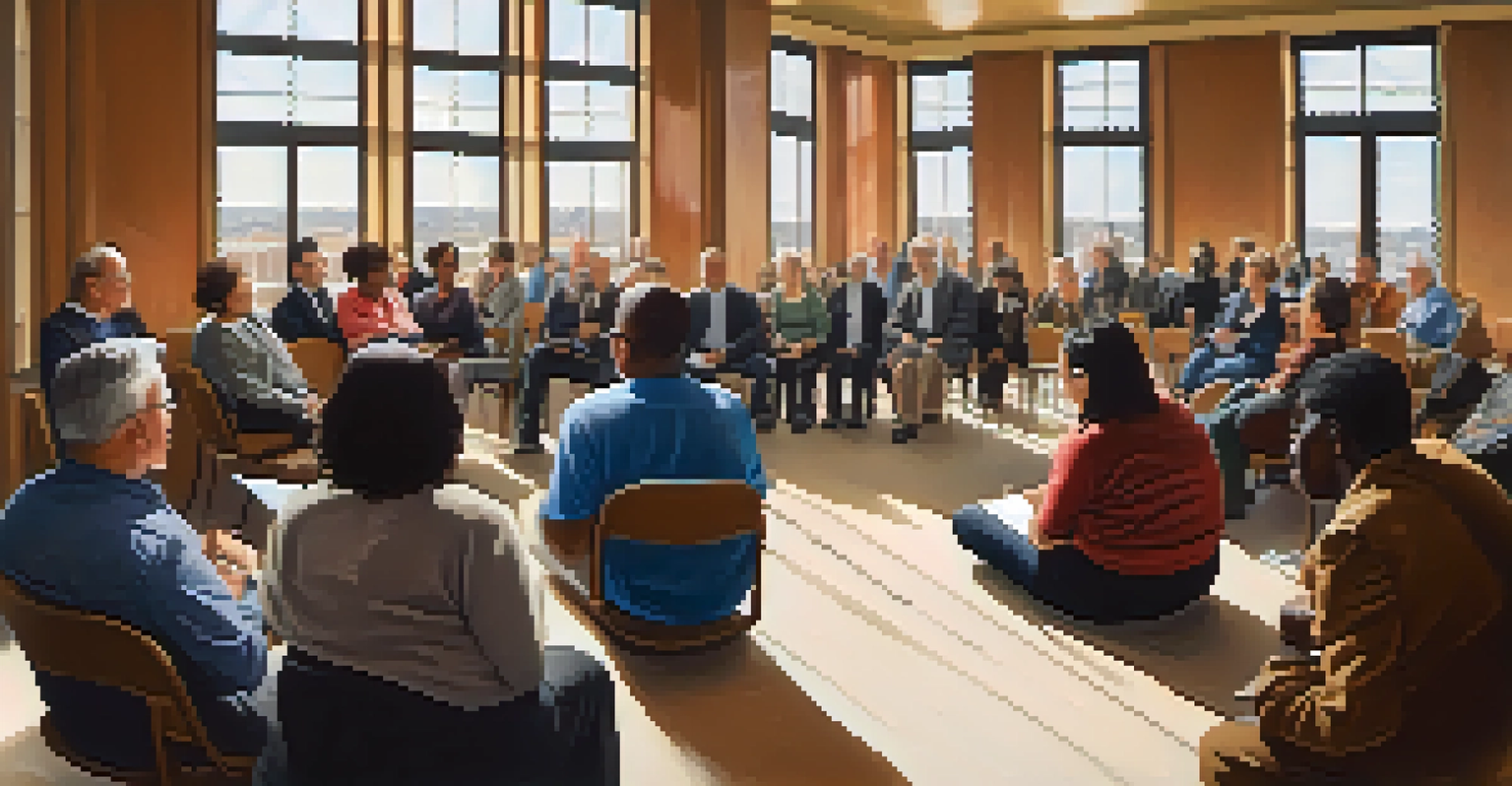 A diverse group of people in a town hall meeting, discussing local governance in a well-lit room with a large window.