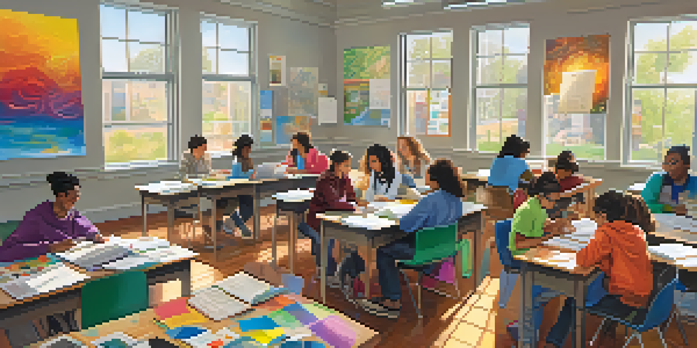 A diverse group of students working together in a bright classroom, surrounded by educational materials and collaborating on a project.