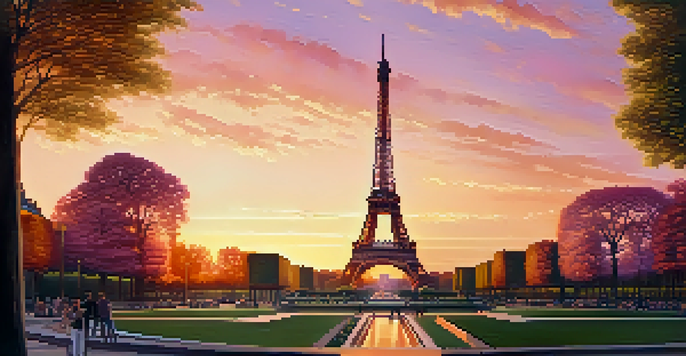 A picturesque sunset view of the Eiffel Tower, bathed in warm colors, with people enjoying the park in the foreground.