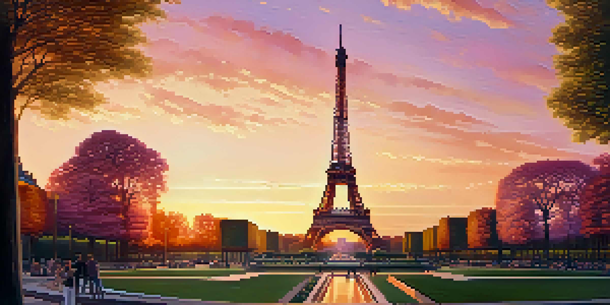 A picturesque sunset view of the Eiffel Tower, bathed in warm colors, with people enjoying the park in the foreground.