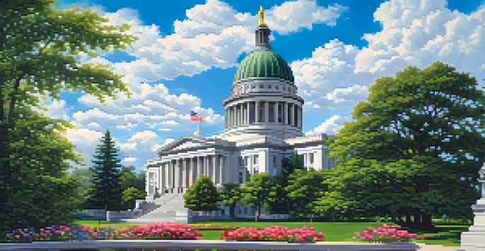 A wide view of the Washington State Capitol building with its dome, surrounded by greenery and flowers under a bright blue sky.