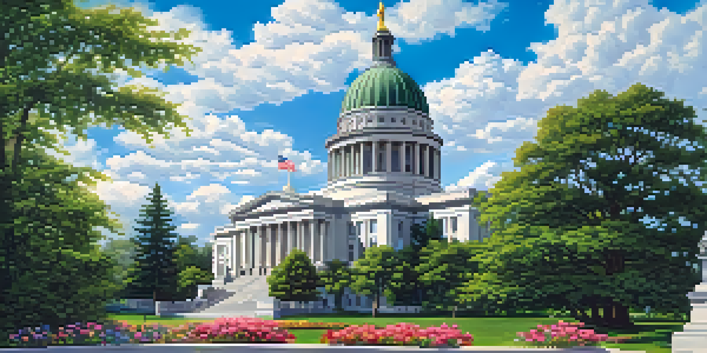 A wide view of the Washington State Capitol building with its dome, surrounded by greenery and flowers under a bright blue sky.