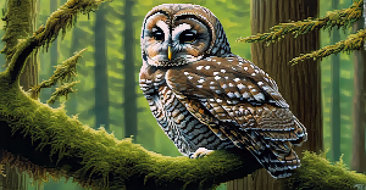 A close-up of a northern spotted owl on a mossy branch in a forest, with soft light filtering through the trees.