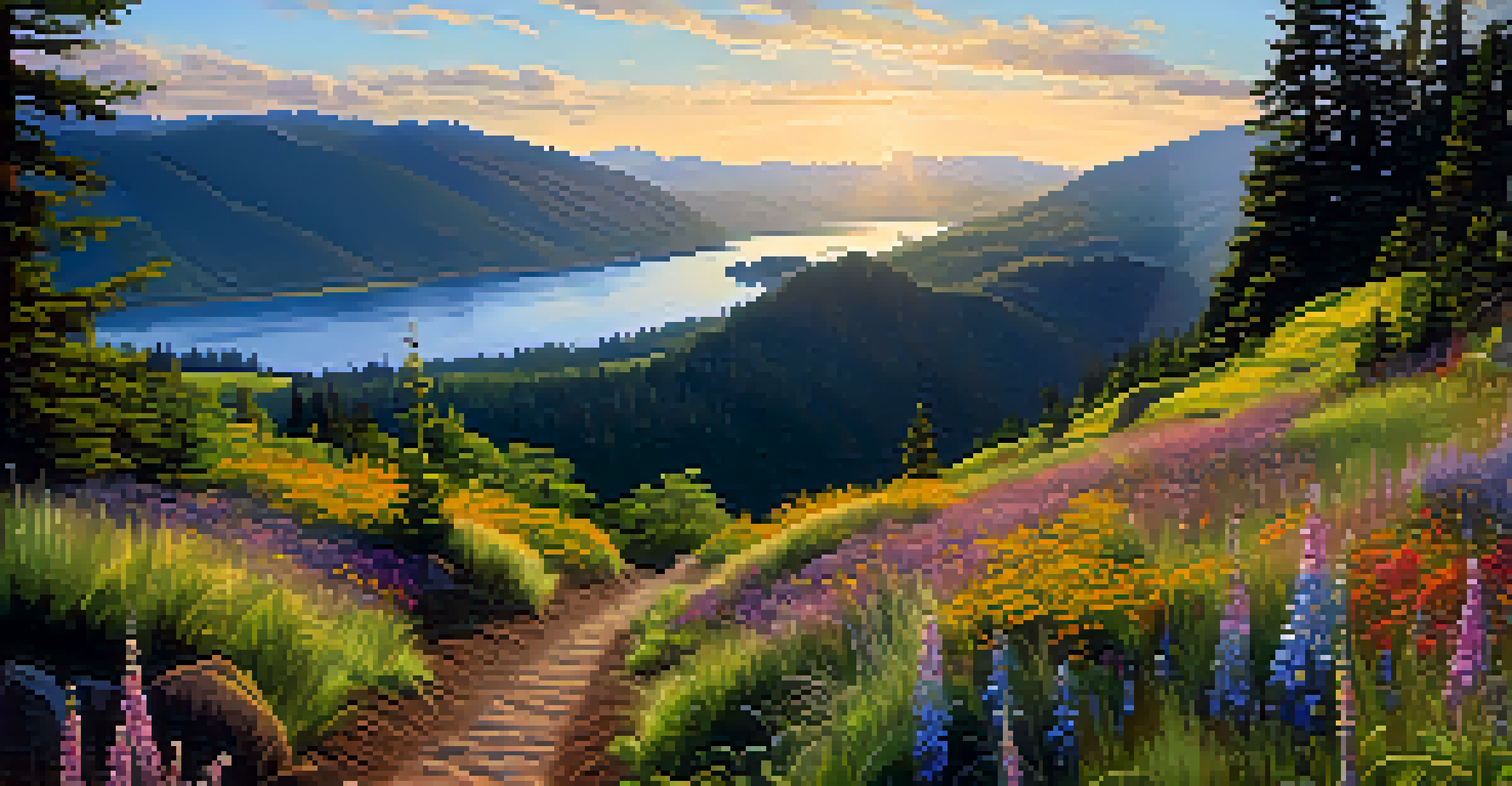 A beautiful hiking trail in the Columbia River Gorge, surrounded by tall trees and wildflowers, leading to a scenic viewpoint.