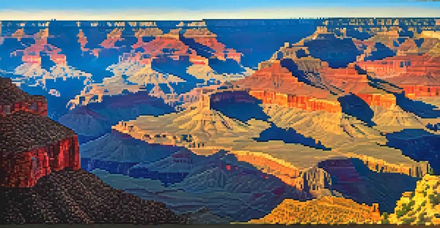 A sunset view of the Grand Canyon with hikers silhouetted against the colorful sky and layered rock formations.