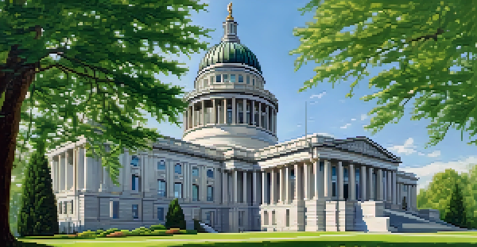 A view of the Washington State Capitol building surrounded by greenery under a clear blue sky.