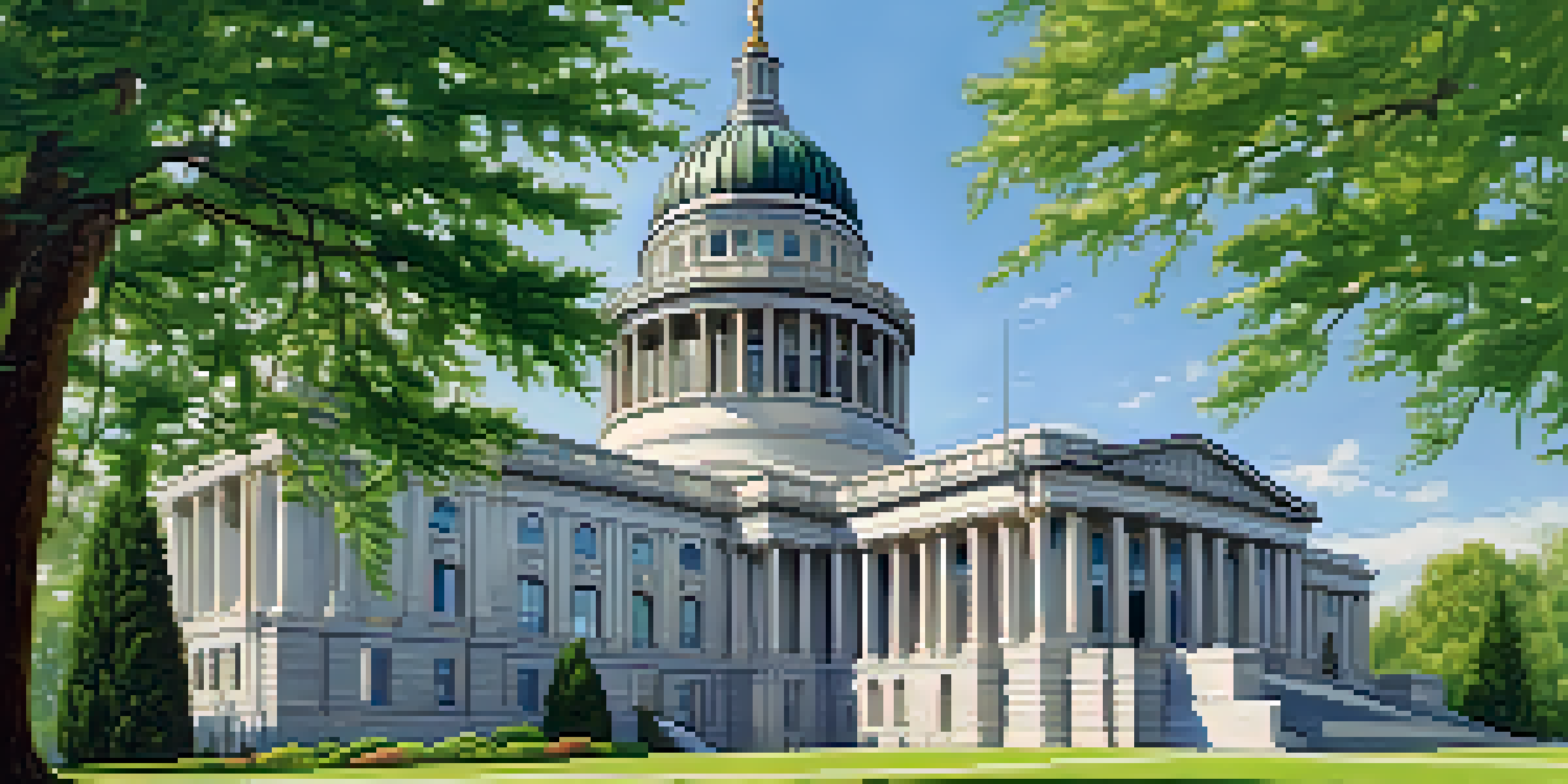 A view of the Washington State Capitol building surrounded by greenery under a clear blue sky.