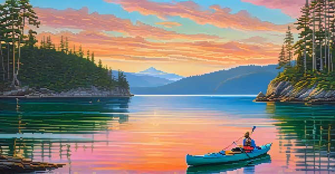 A scenic sunset view of the San Juan Islands with clear waters and lush forests, featuring kayakers in the distance.