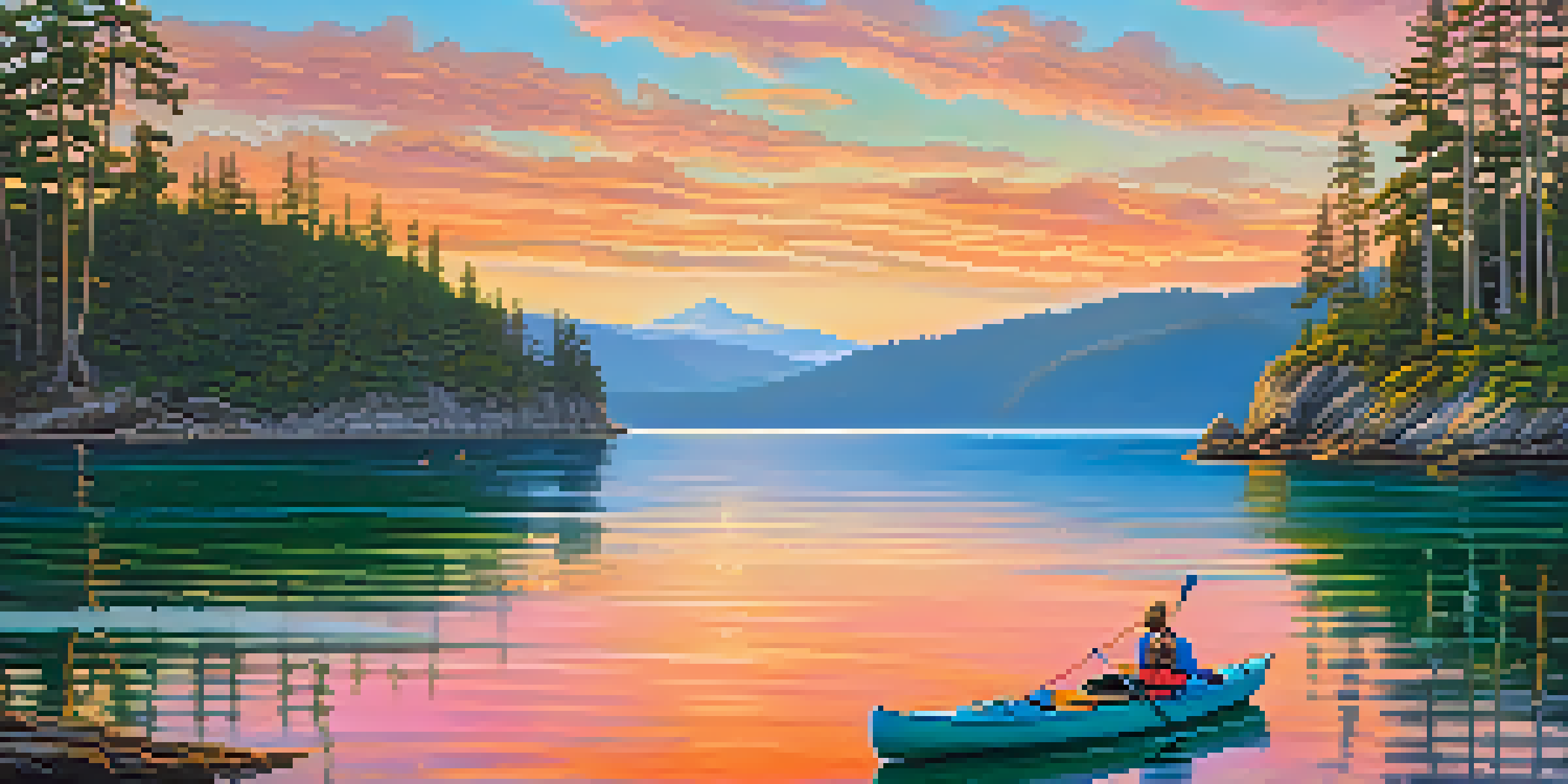 A scenic sunset view of the San Juan Islands with clear waters and lush forests, featuring kayakers in the distance.