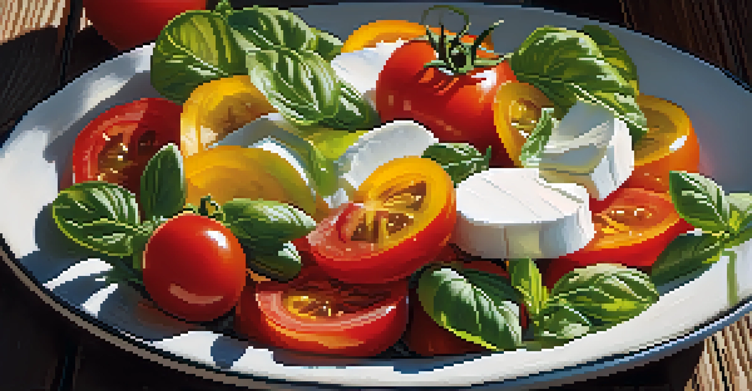 A colorful summer salad with heirloom tomatoes, basil, and mozzarella on a wooden table, enhanced by sunlight and olive oil drizzle.