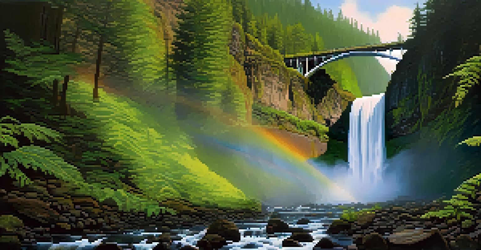 A close-up view of Multnomah Falls with cascading water and lush greenery surrounding it.