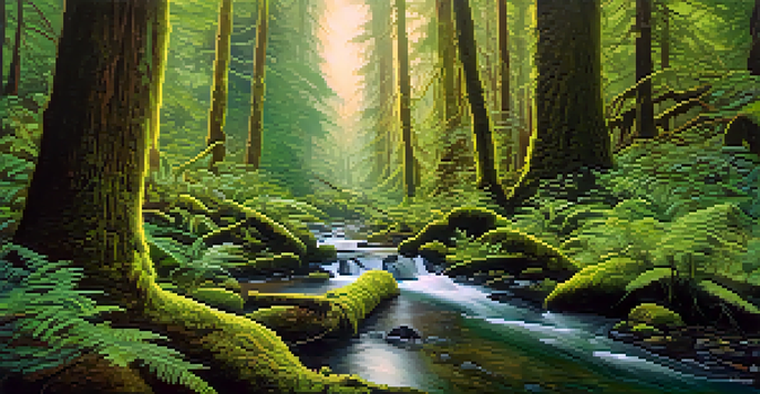 A lush green forest with tall trees covered in moss and a small brook running through it, illuminated by soft sunlight.