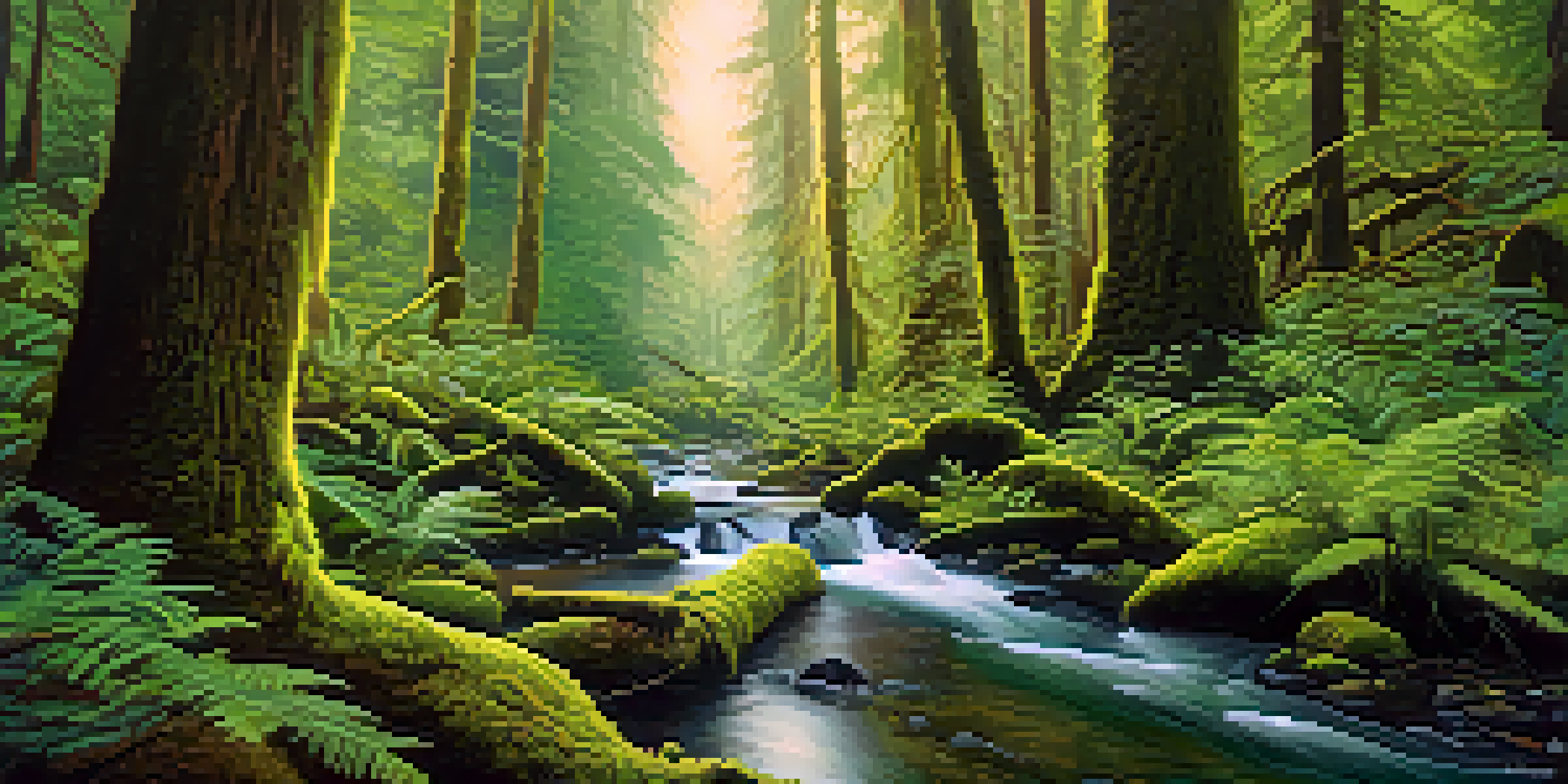 A lush green forest with tall trees covered in moss and a small brook running through it, illuminated by soft sunlight.
