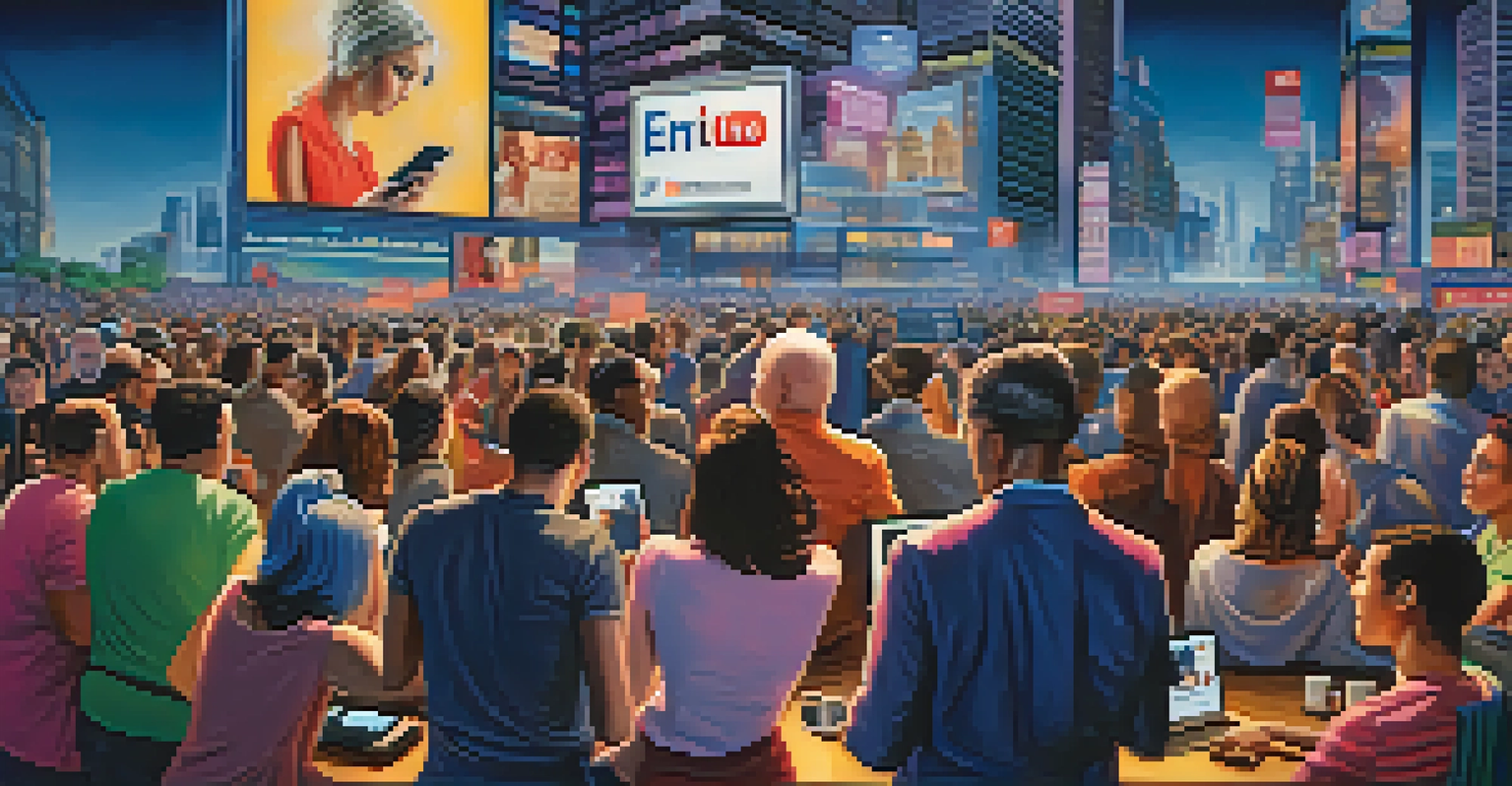A diverse group of individuals interacting with social media devices in front of a city skyline and a digital billboard.