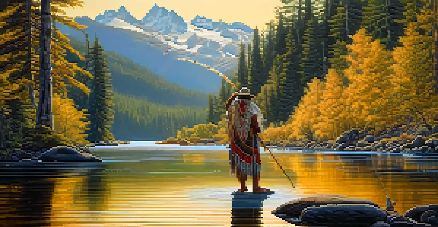 A Native American elder fishing in a river surrounded by lush forests and mountains, with sunlight illuminating the scene.