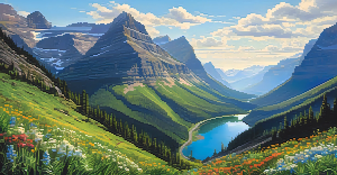 A panoramic view from a scenic mountain road, featuring rugged peaks, colorful wildflowers, and a clear blue sky.