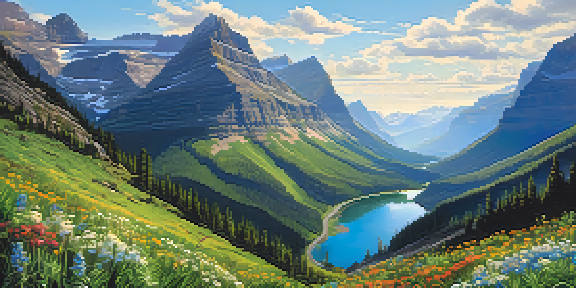 A panoramic view from a scenic mountain road, featuring rugged peaks, colorful wildflowers, and a clear blue sky.