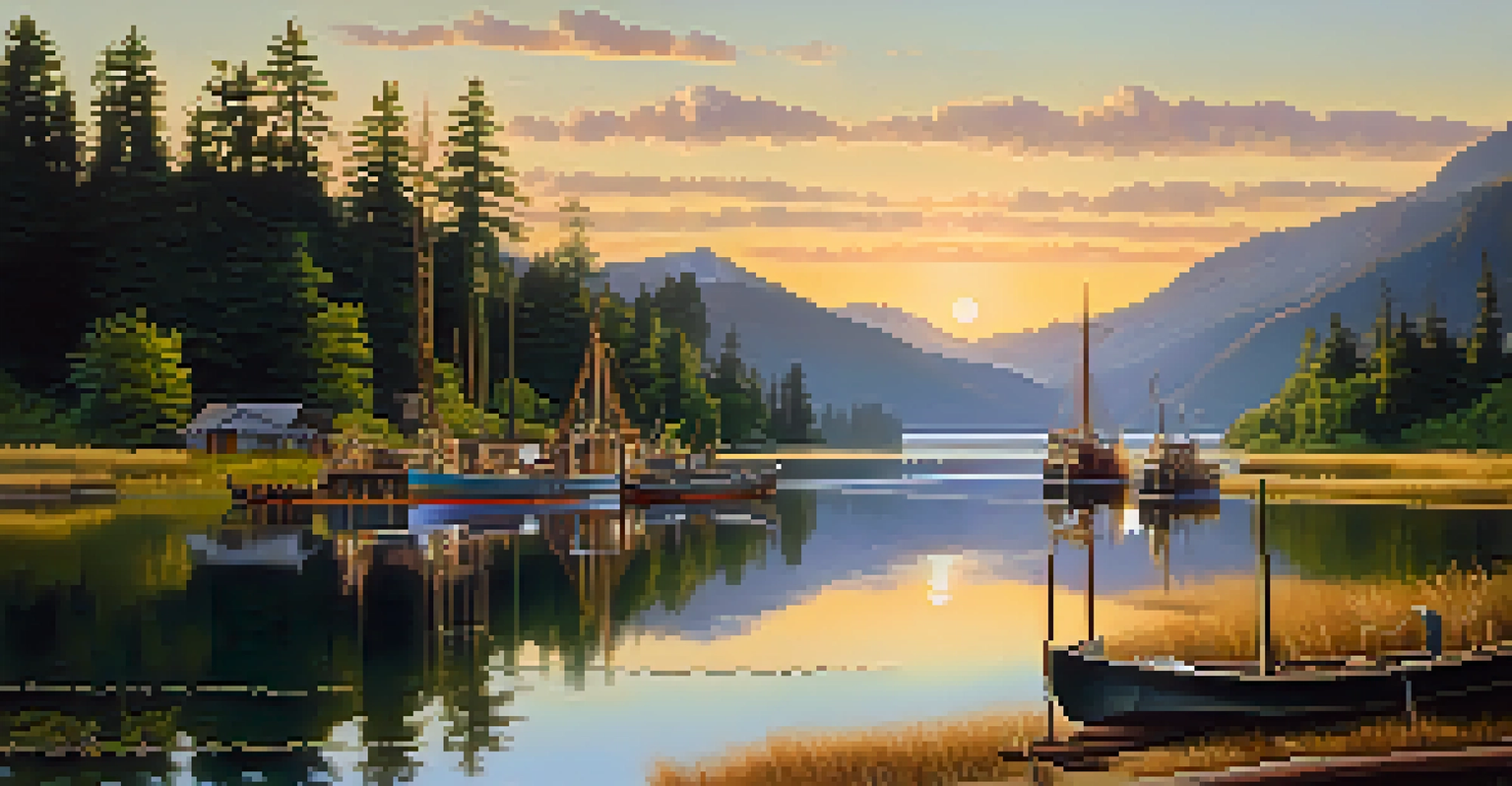 A serene landscape of a Native American reservation in the Pacific Northwest, with traditional fishing boats on a river during sunset.