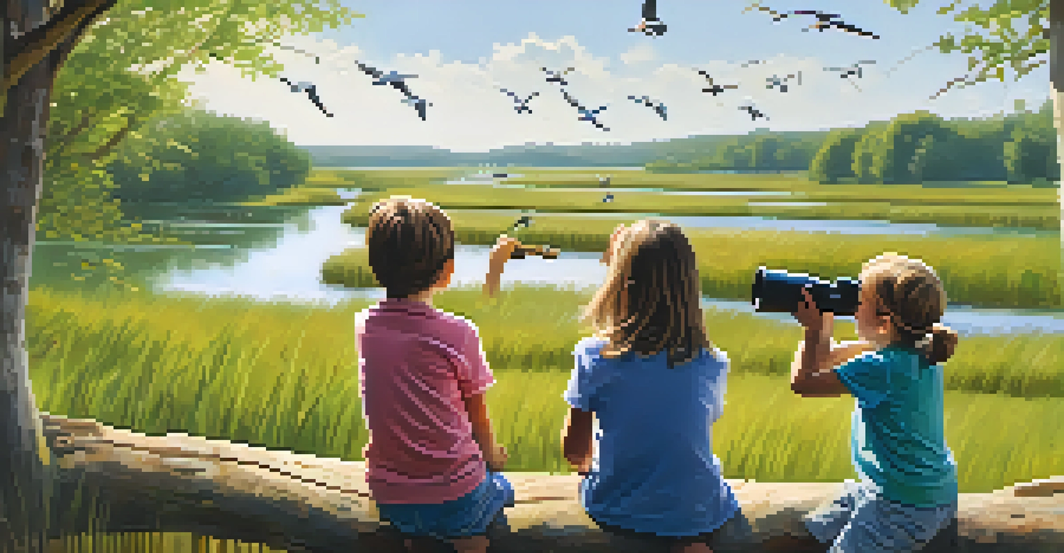A family of four enjoying birdwatching at a nature reserve, using binoculars and field guides, with a flock of migratory birds flying overhead.