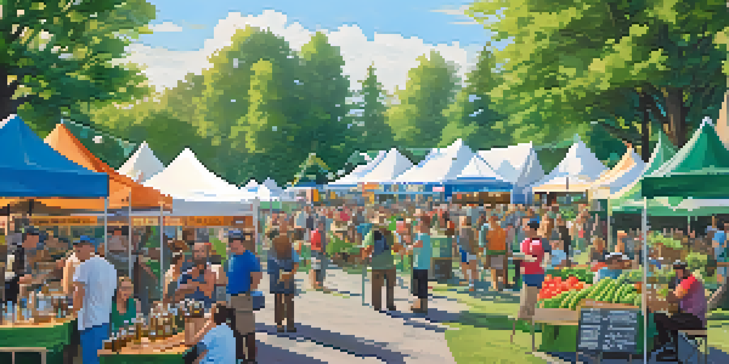 An outdoor beer festival with tents from breweries, attendees sampling beers, and local produce on tables.