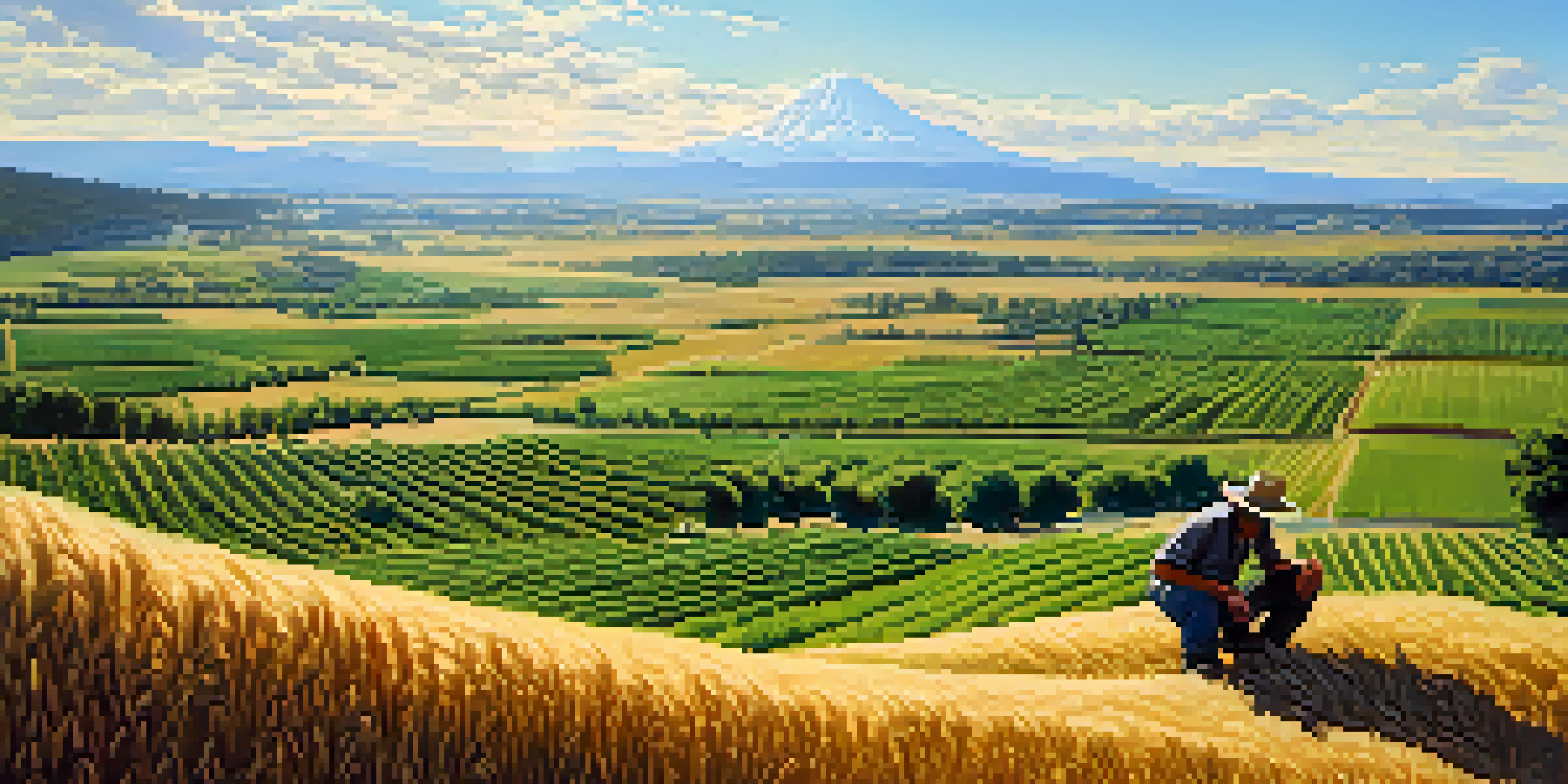 A scenic view of Washington's diverse climate zones, with green orchards and golden wheat fields, and a farmer in the foreground.