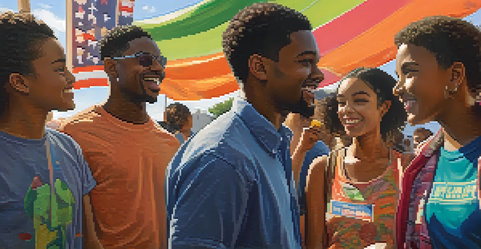 A diverse group of young voters talking animatedly at a community event, surrounded by colorful banners promoting civic engagement.