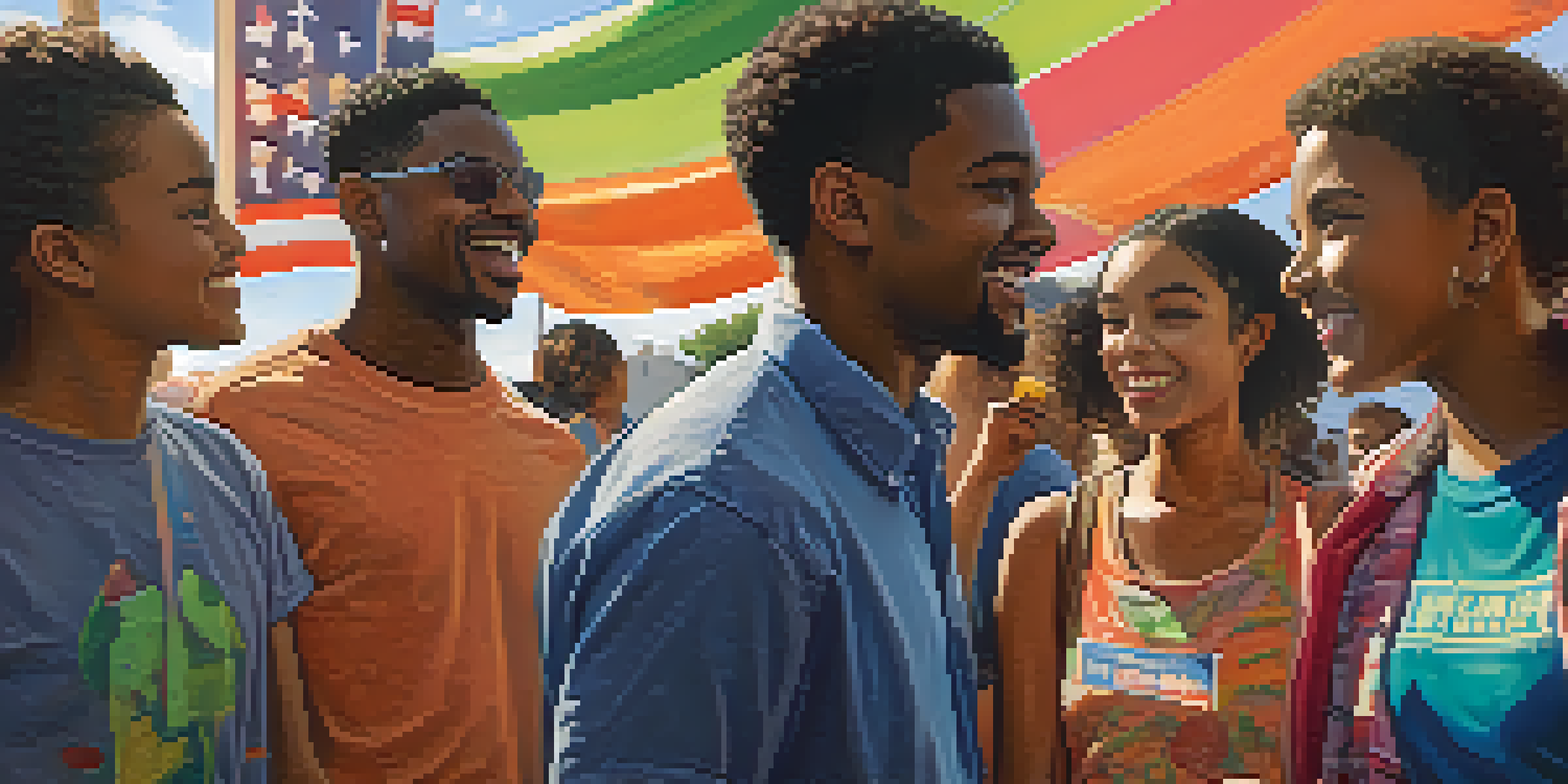 A diverse group of young voters talking animatedly at a community event, surrounded by colorful banners promoting civic engagement.