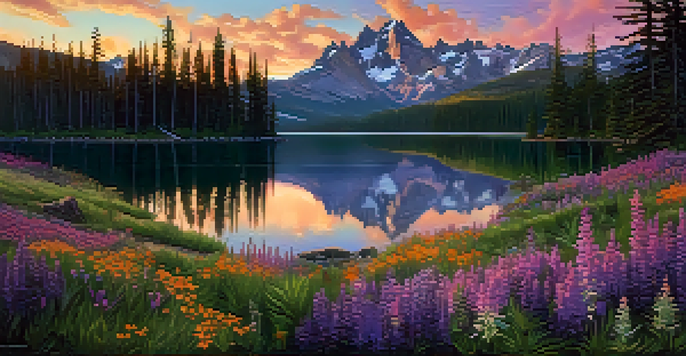 A stunning sunset over the Cascade Mountains, with golden light illuminating the rugged peaks and colorful wildflowers in the foreground.