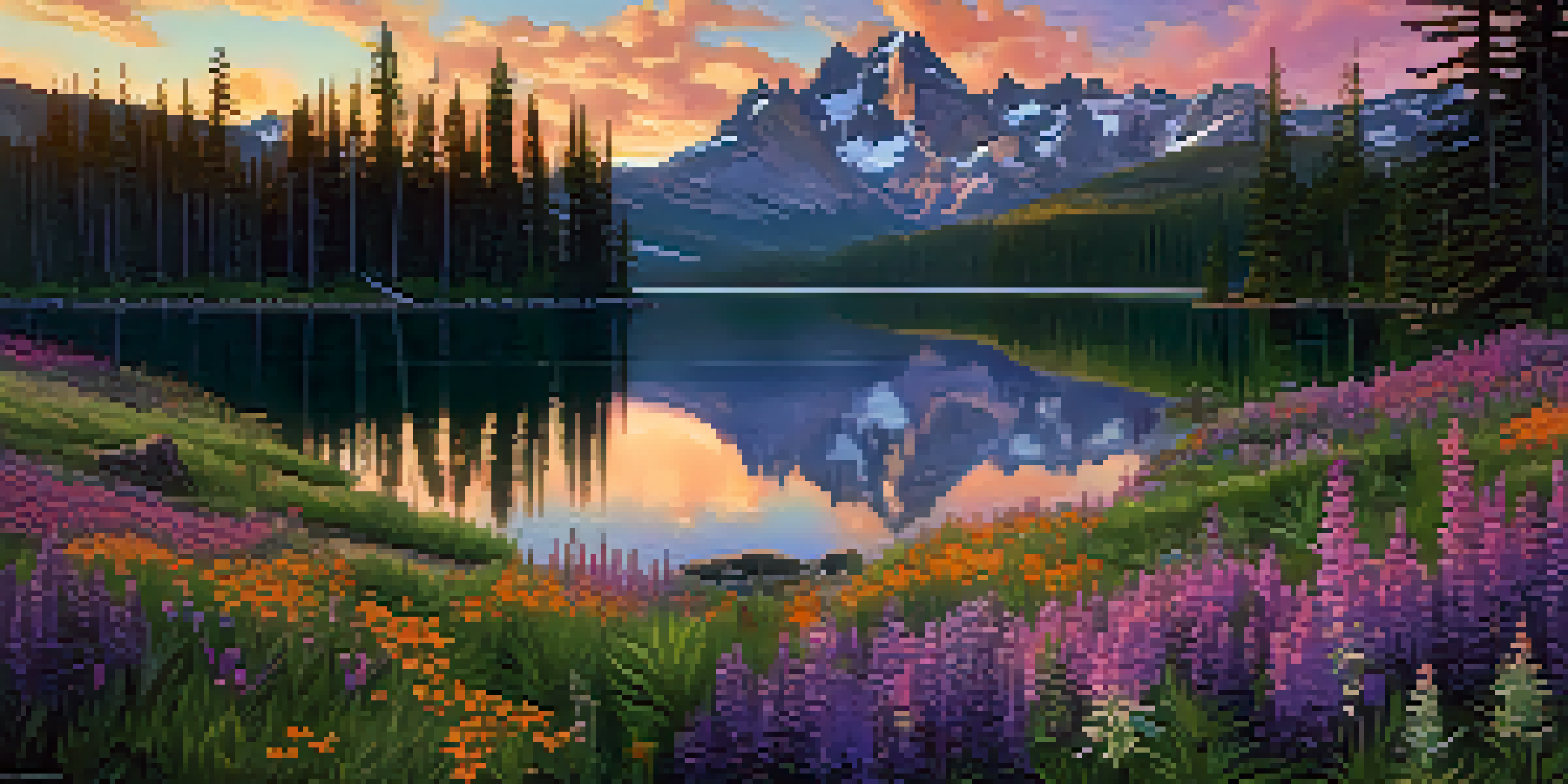 A stunning sunset over the Cascade Mountains, with golden light illuminating the rugged peaks and colorful wildflowers in the foreground.