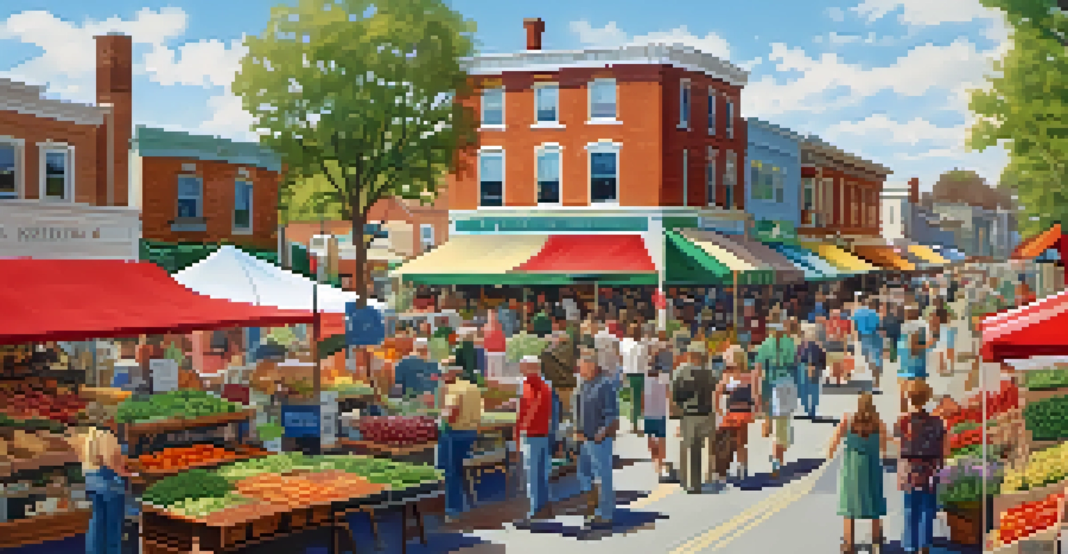 A lively farmers' market in Washington with diverse people shopping at stalls filled with fresh produce and flowers, under a clear blue sky.