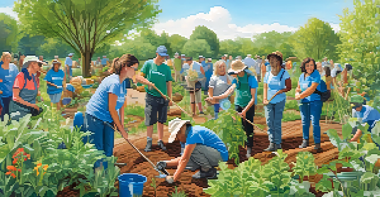 Community members planting native plants in a park on a sunny day, showcasing teamwork and conservation efforts.