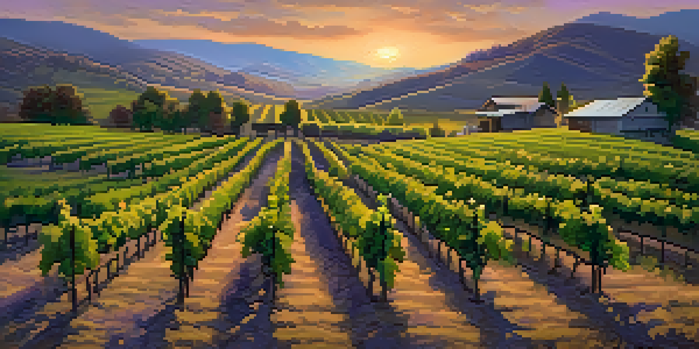 A scenic vineyard at sunset with rows of grapevines and a rustic winery in the background.