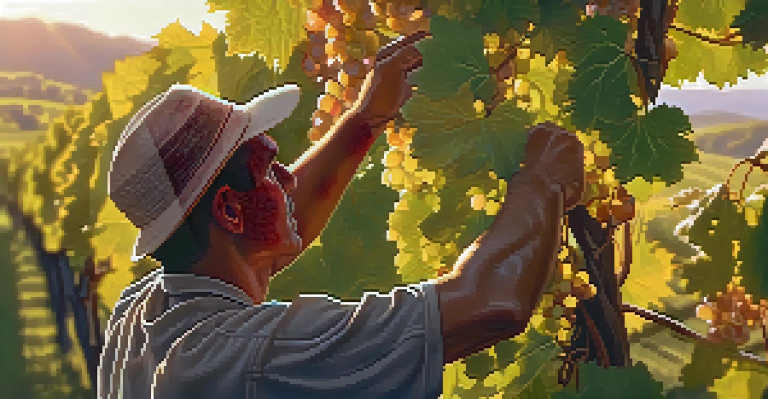 Close-up of a farmer examining grape vines in a vineyard during sunset, with detailed grape leaves and clusters.