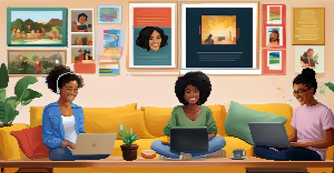 A diverse group of students participating in an online class from a cozy living room, with laptops open, showing expressions of engagement and enthusiasm.