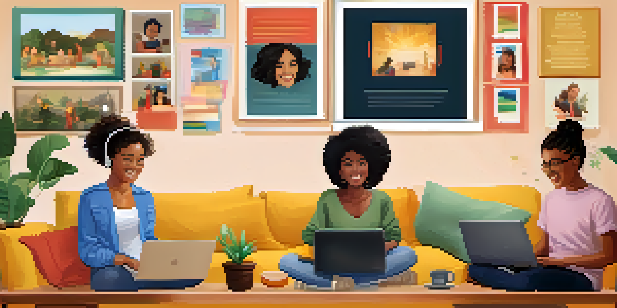 A diverse group of students participating in an online class from a cozy living room, with laptops open, showing expressions of engagement and enthusiasm.
