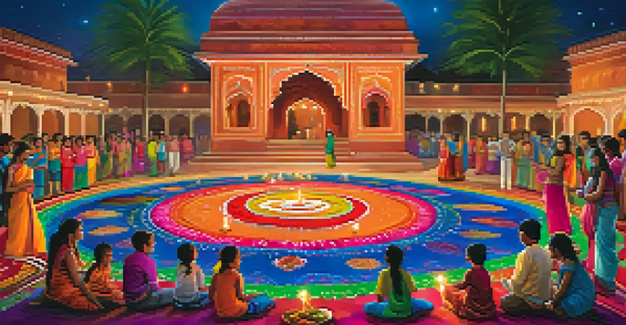 Families celebrating the Diwali festival with colorful rangoli, glowing diyas, and fireworks in the night sky.