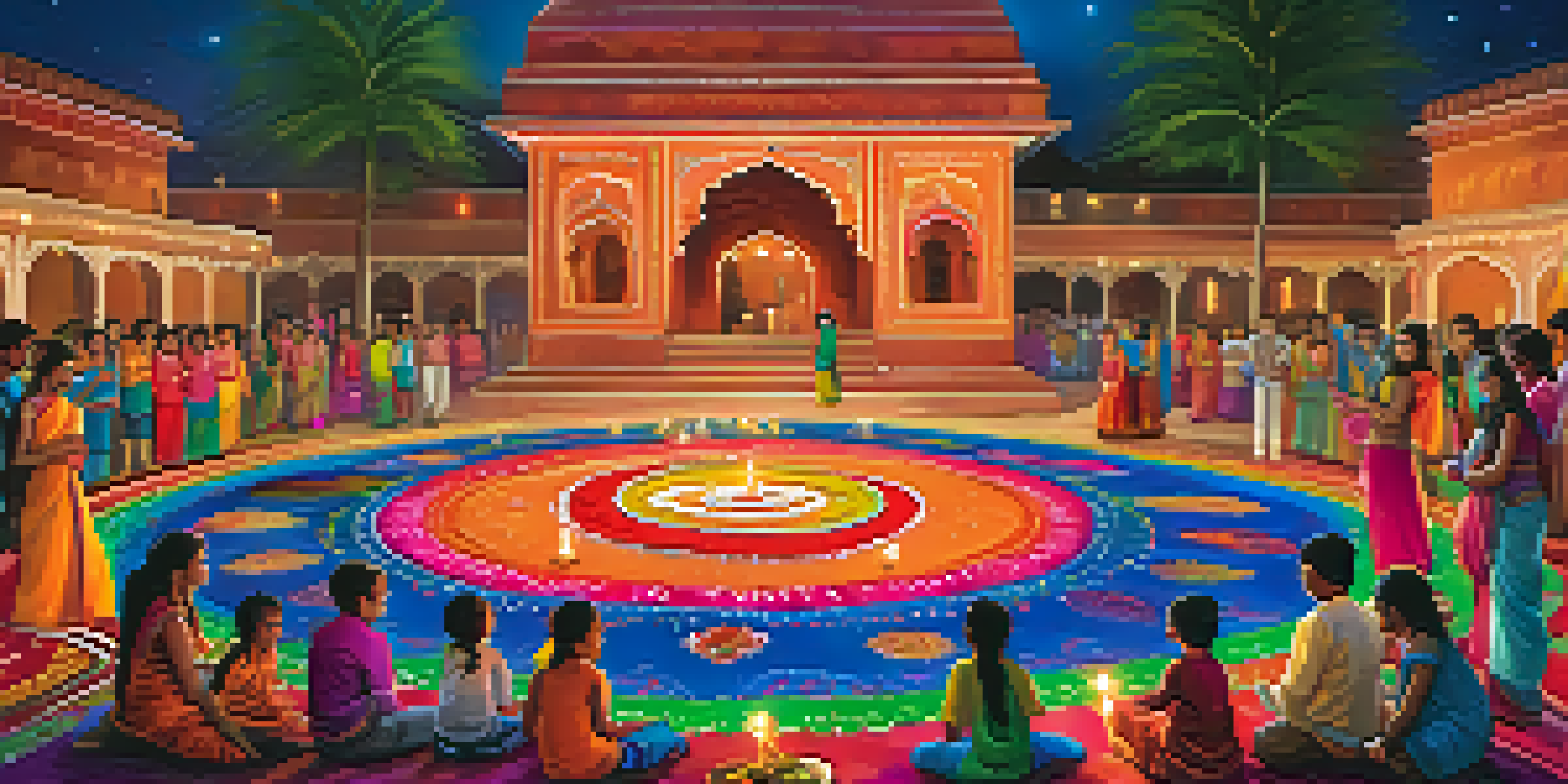 Families celebrating the Diwali festival with colorful rangoli, glowing diyas, and fireworks in the night sky.