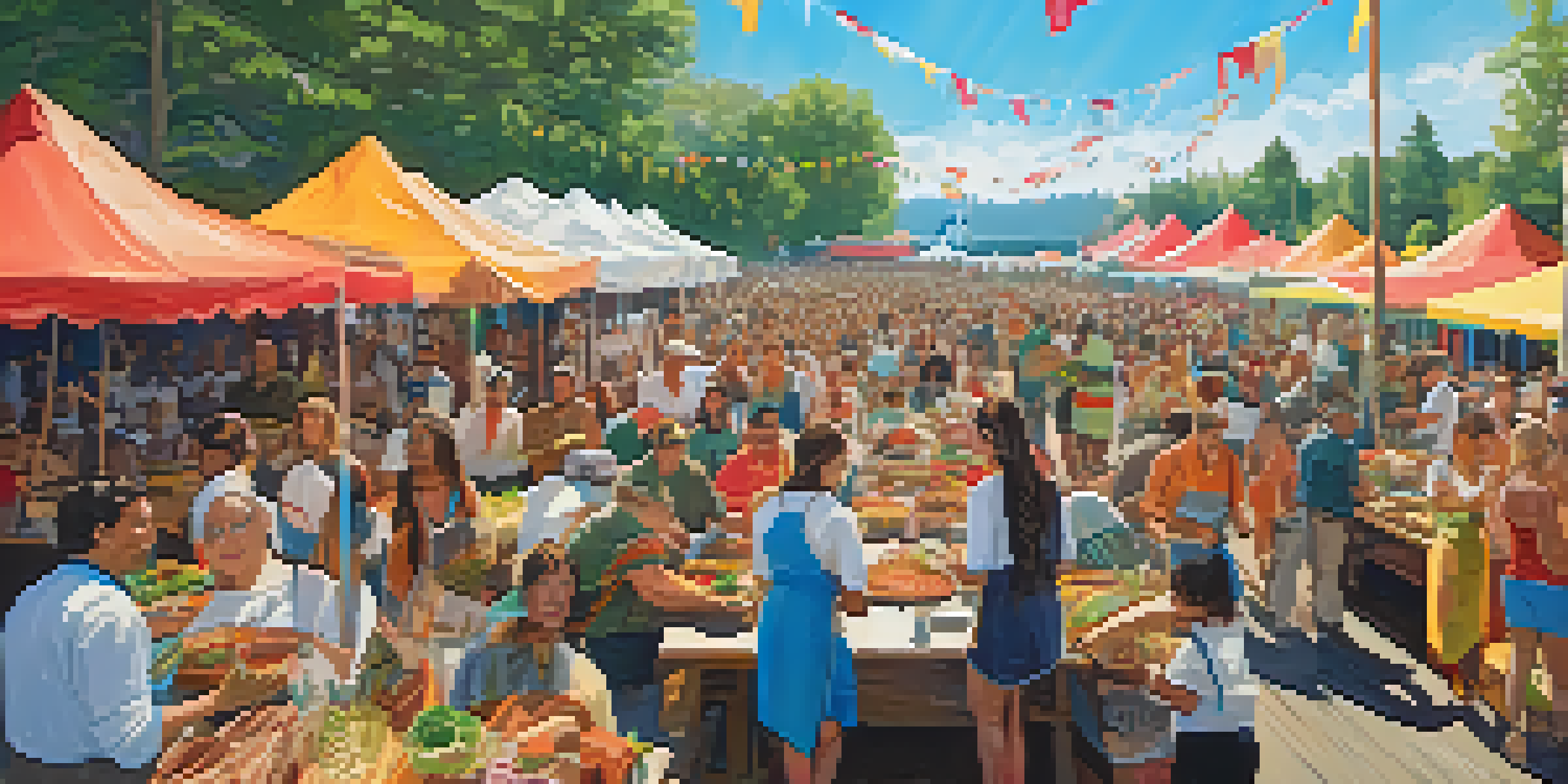 An outdoor culinary festival celebrating Native American cuisine with various food stalls and diverse attendees enjoying traditional dishes in a bright and lively atmosphere.