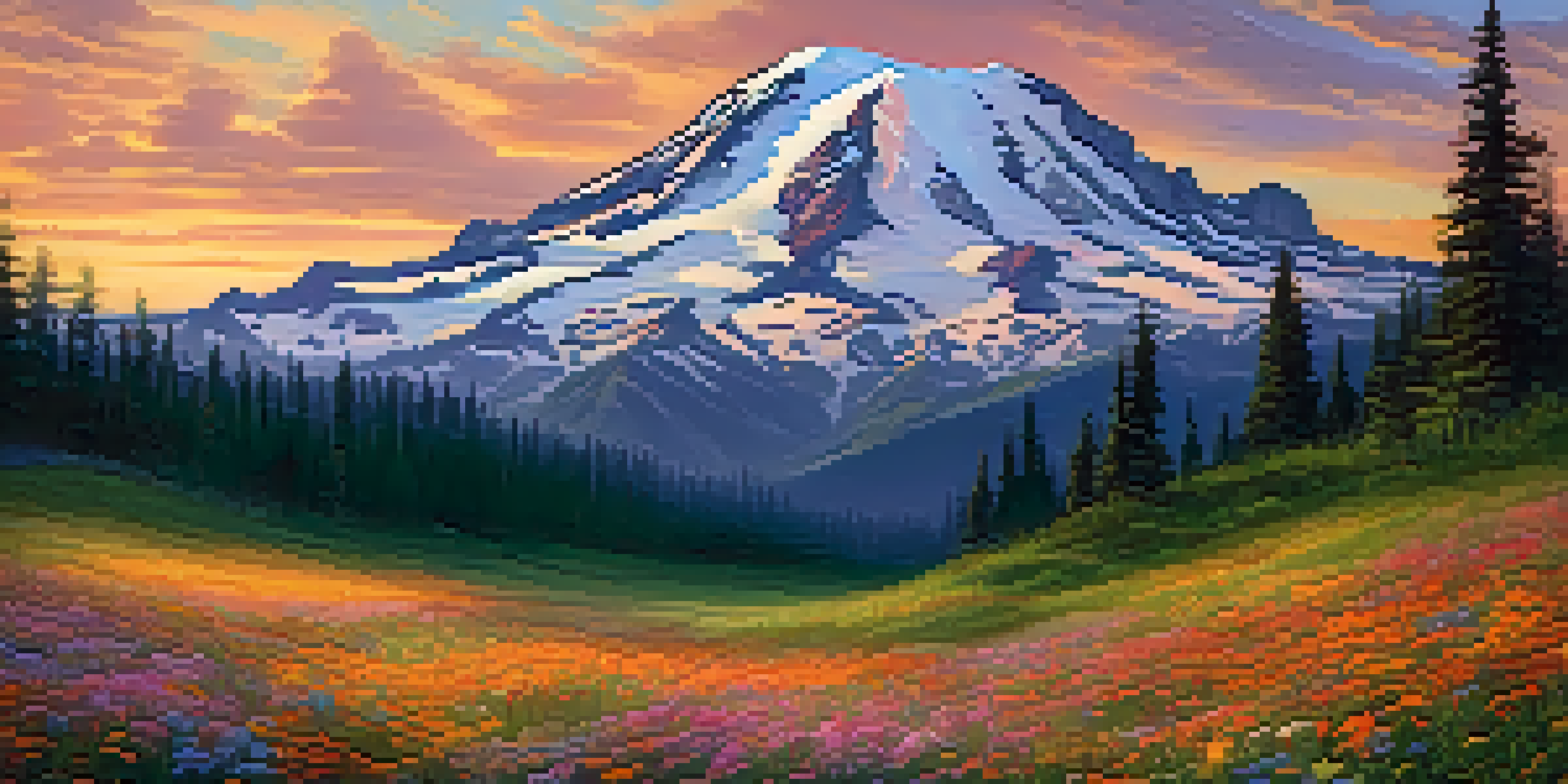 A breathtaking view of Mount Rainier at sunrise, with colorful wildflowers in the foreground and a soft orange and pink sky.