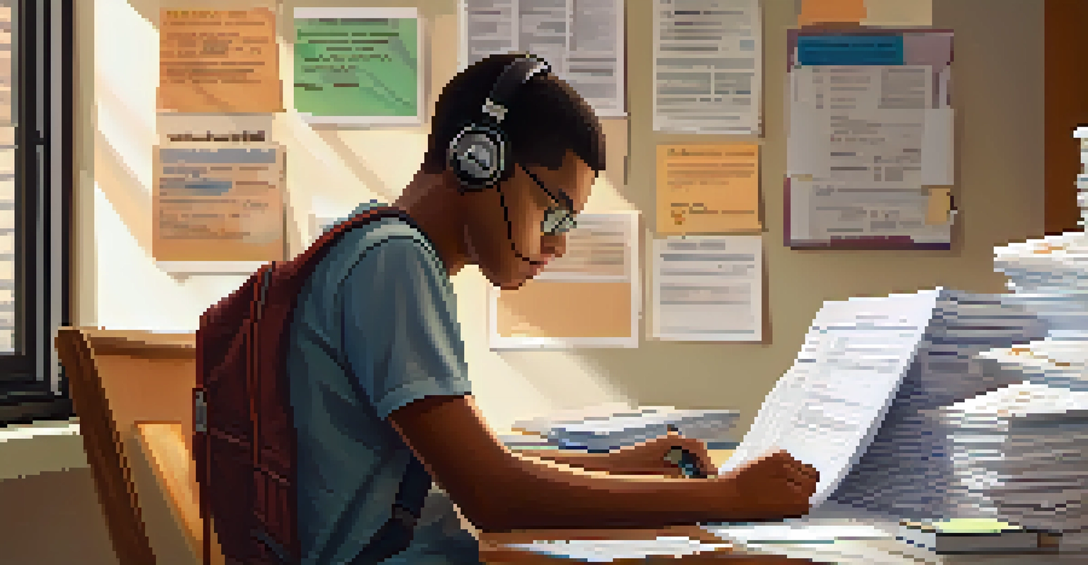A close-up of a student focused on filling out a financial aid application, surrounded by clutter and motivational posters.