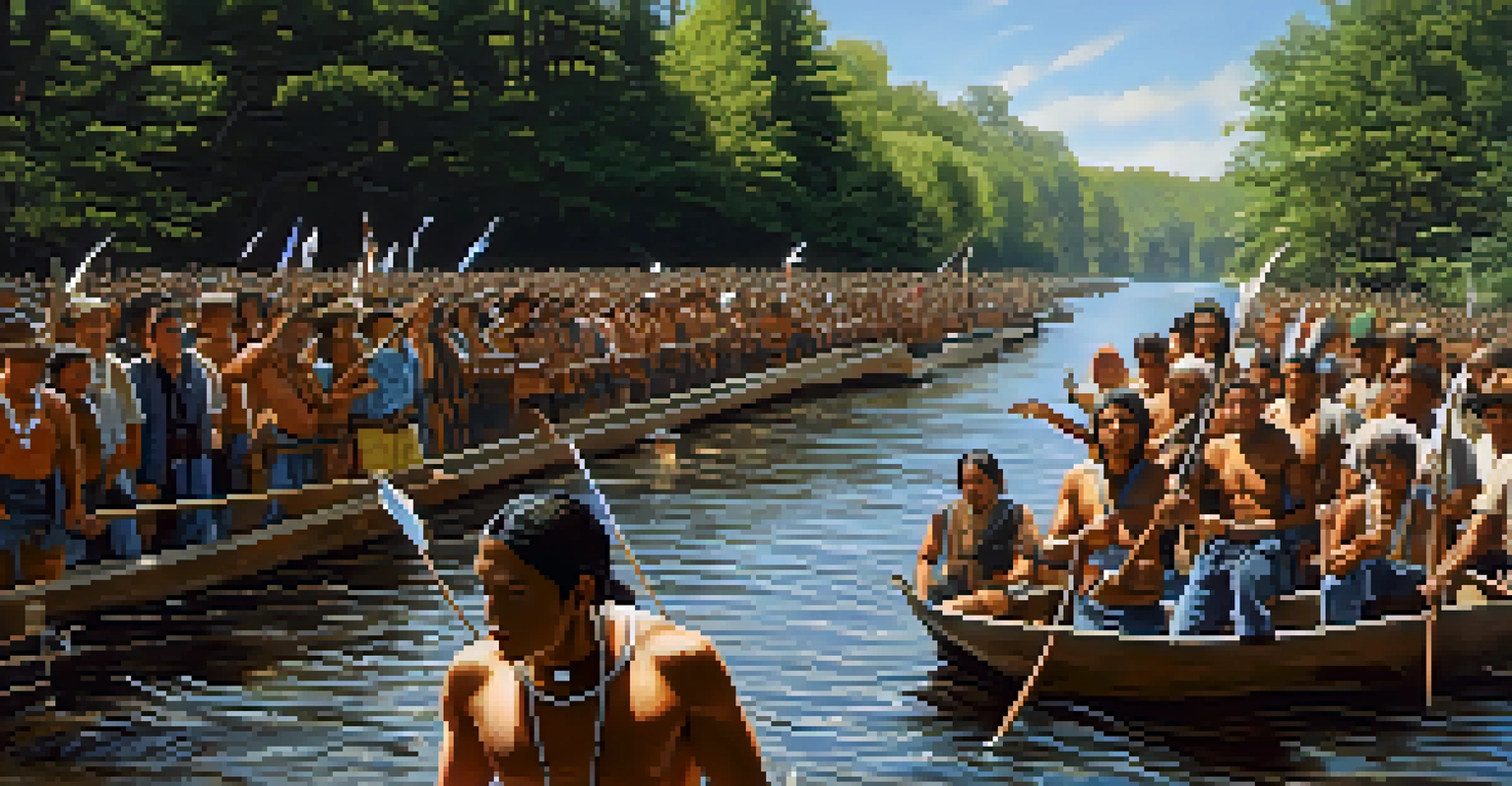 A group of Indigenous activists led by Billy Frank Jr. protesting peacefully on a riverbank, with sunlight filtering through the trees and banners held high.
