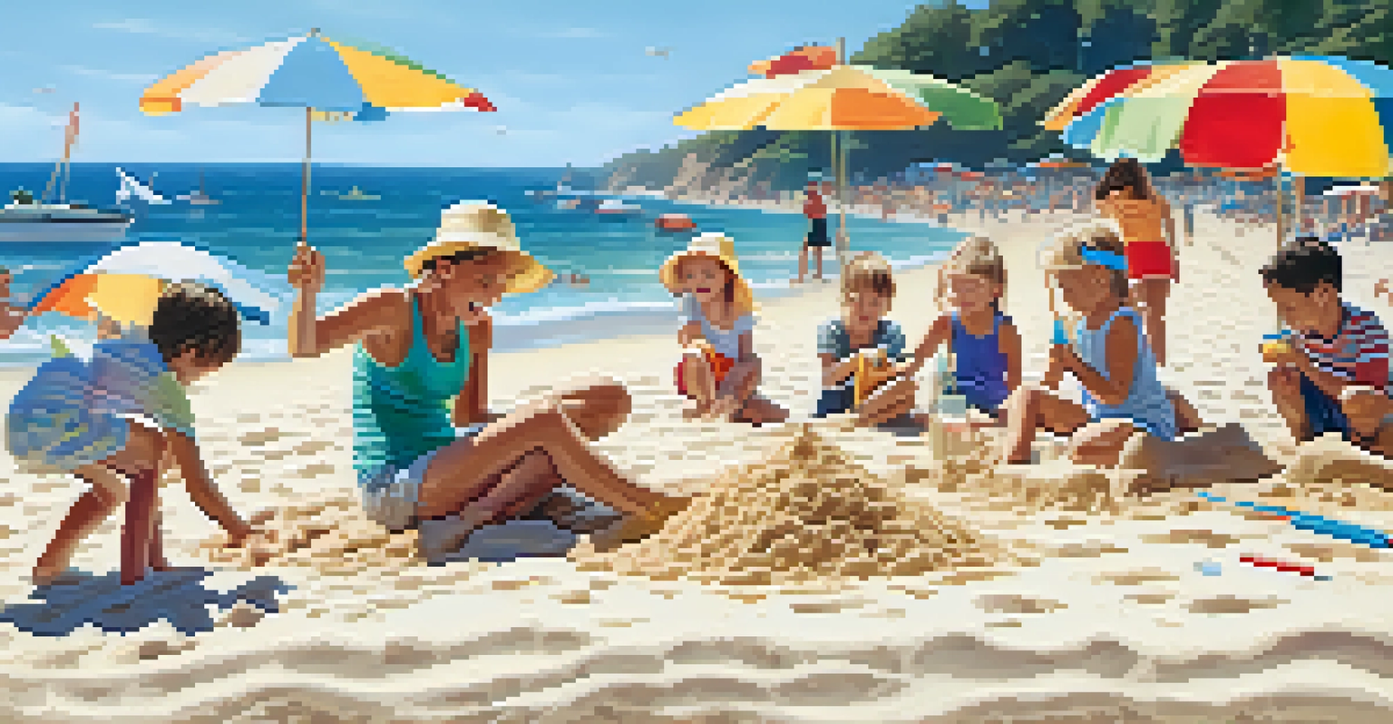 A family having fun at the beach, building a sandcastle together under a sunny sky.