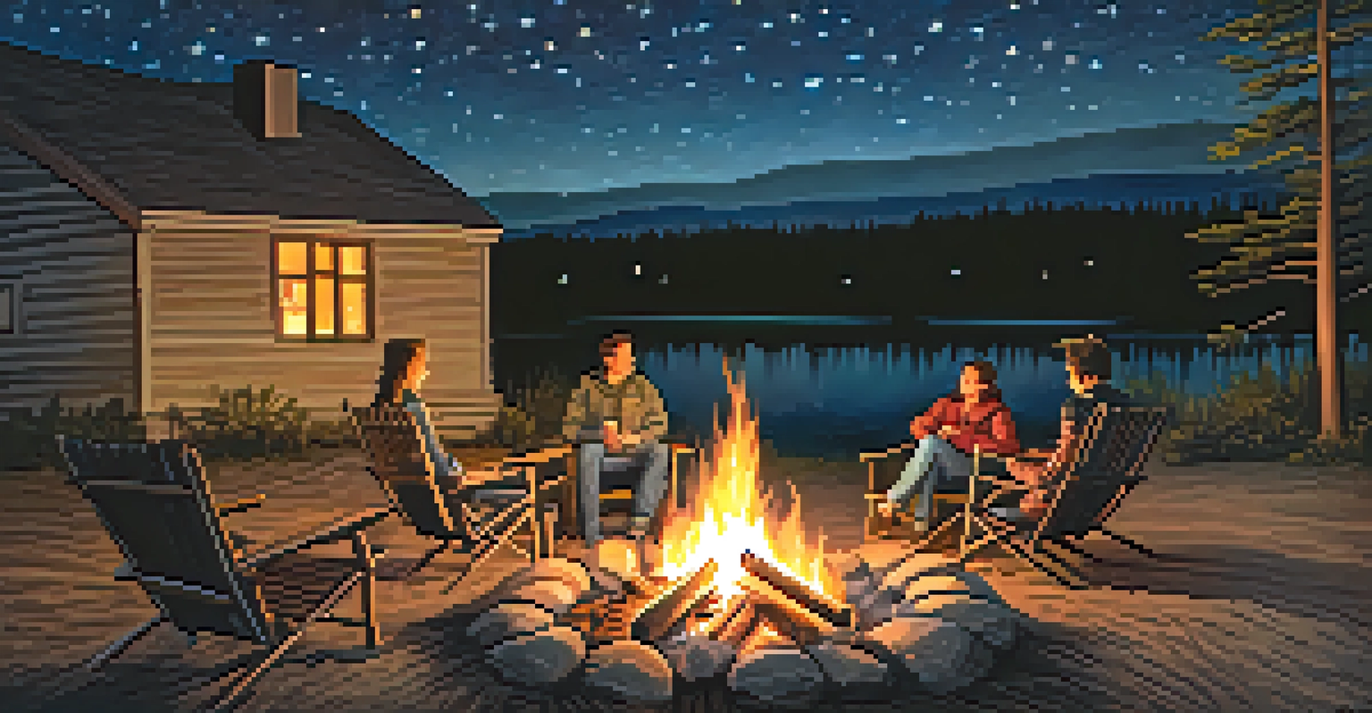 A warm campfire surrounded by friends on log seating, under a starry night sky, creating a cozy atmosphere.